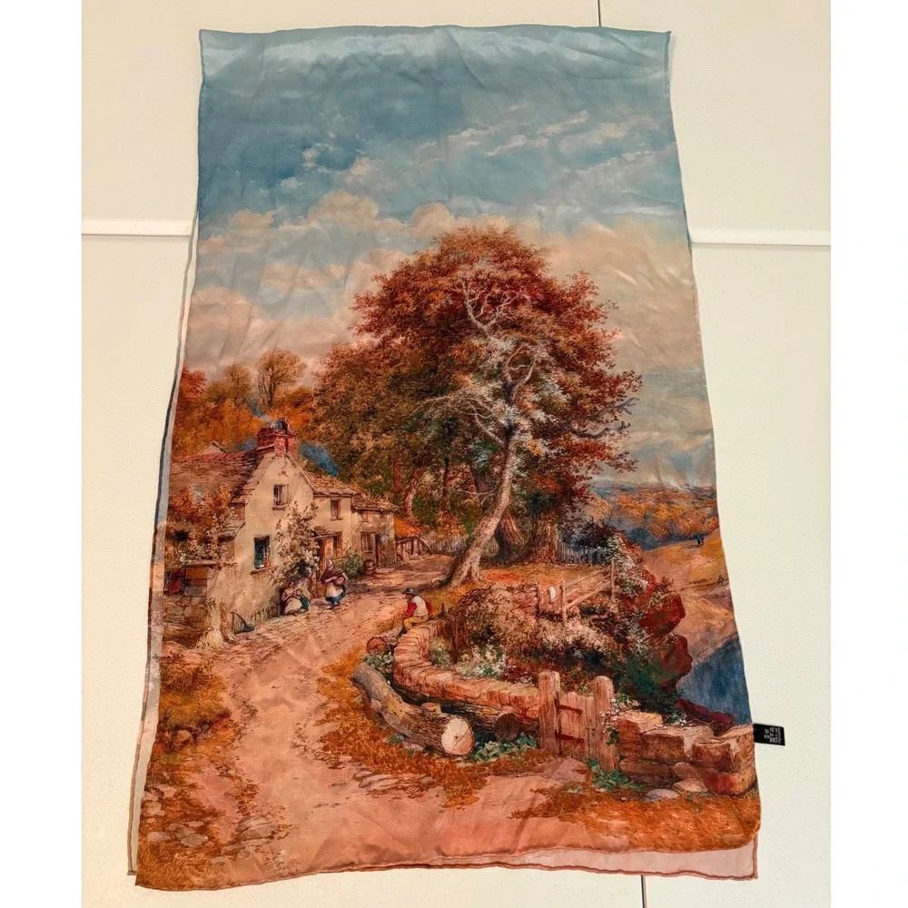 Vintage 100% Silk Scarf Italy Cottage Landscape Oil Painting Print Blue Brown yy
